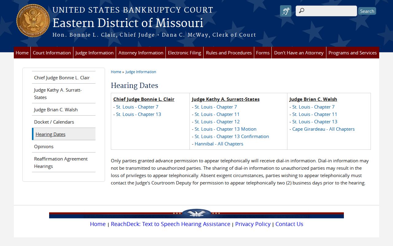 Eastern District of Missouri Bankruptcy Court hearing dates page