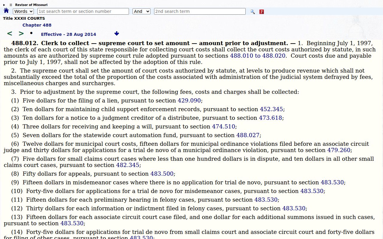 Pemiscot County court record copy fee source under Missouri court statutes