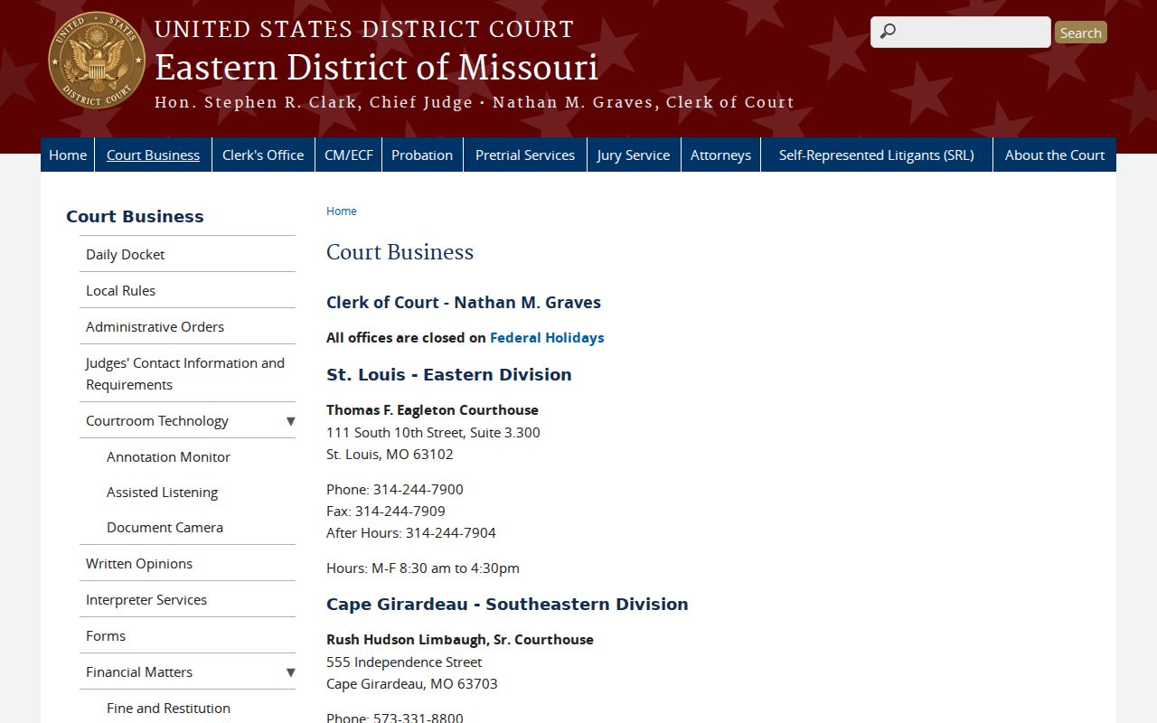 Pemiscot County court docket federal court business reference